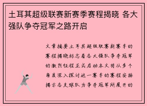 土耳其超级联赛新赛季赛程揭晓 各大强队争夺冠军之路开启