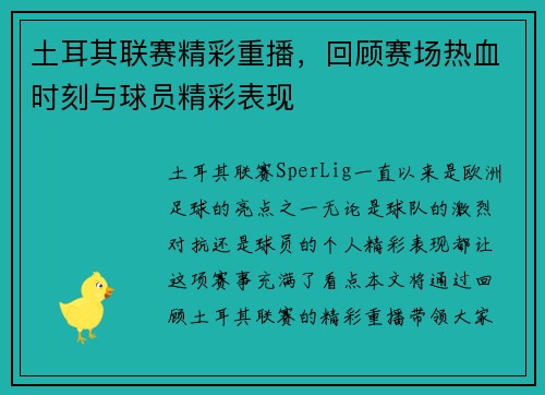 土耳其联赛精彩重播，回顾赛场热血时刻与球员精彩表现